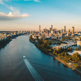 A birds eye view of Brisbane, overlooking the city and river