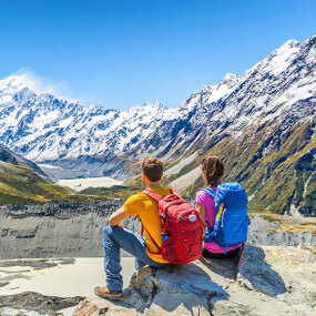 Visotors to Mt Cook National Park enjoying the mountain scenery