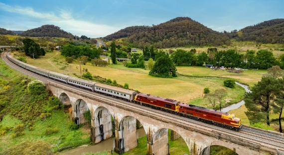 Vintage Rail train traversing through the countryside