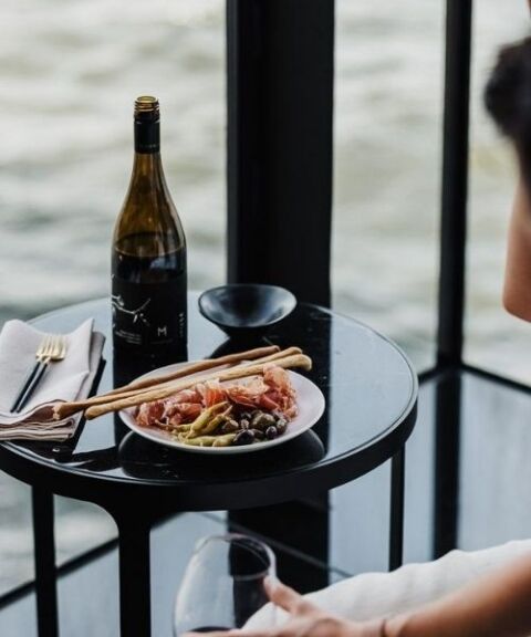 Food and wine on plate at MONA