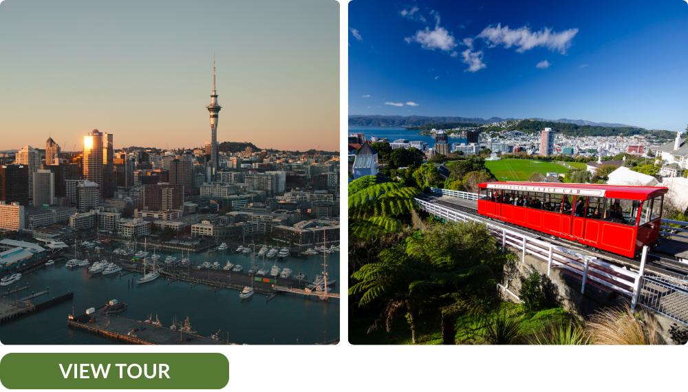 Auckland sky tower and wellington cable car in new zealand