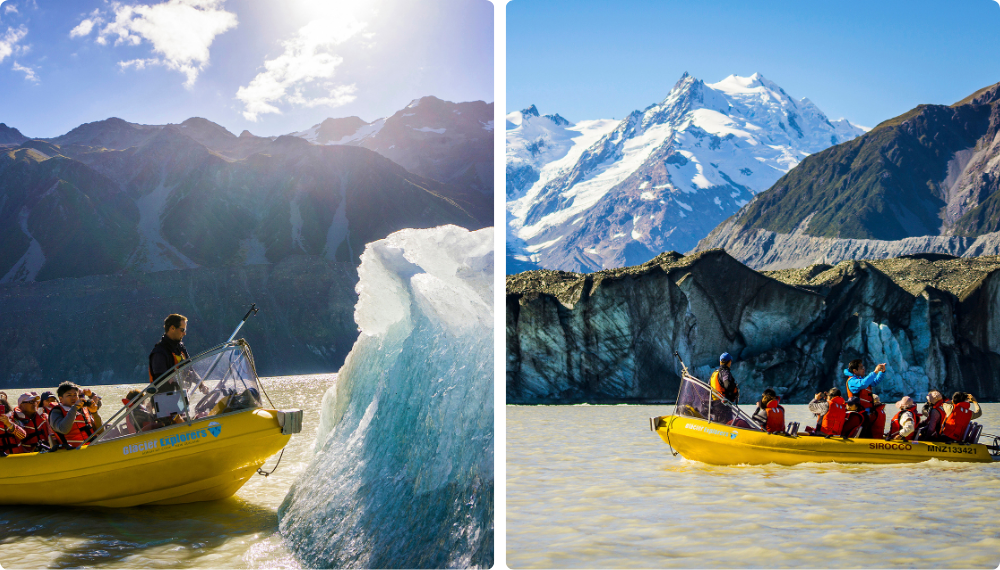 Glacier Explorers Boat in Glacier Lake Mount Cook New Zealand
