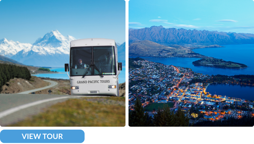 Bus driving Mount Cook and Queenstown view of remarkables mountain in new zealand