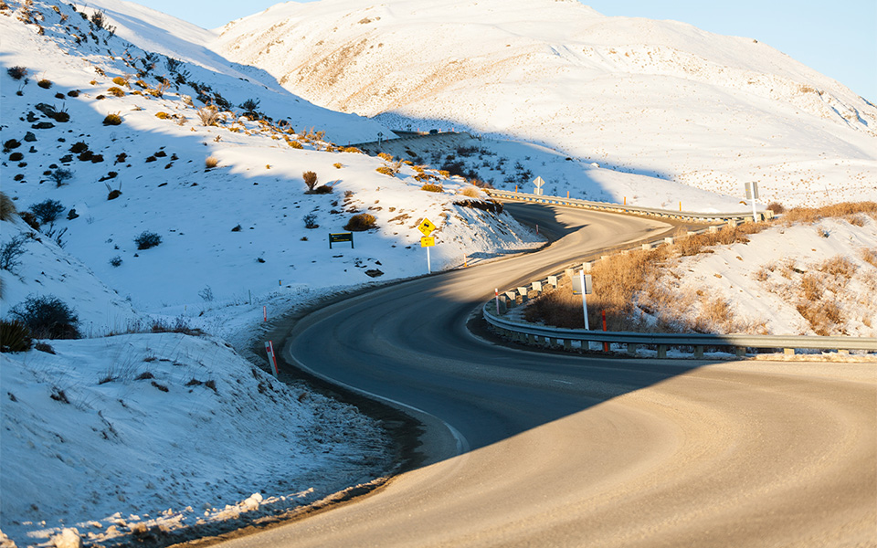 A curvy winter road in New Zealand's South Island