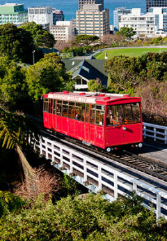 Image of Wellington red cable car heading downtown