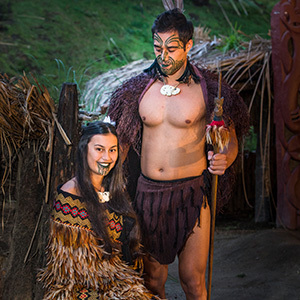 Maori performers in Matai village during cultural experience, New Zealand