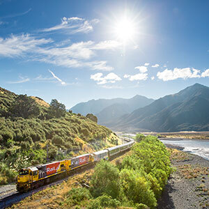 Image of the Tranzalpine train on a sunny day, New Zealand