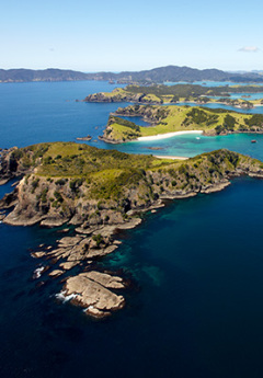 Aerial view of Bay of Islands and the South Pacific Ocean