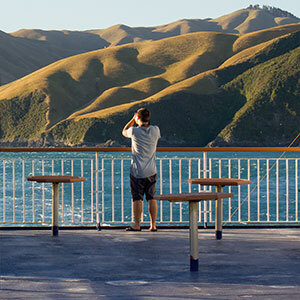 Man taking pictures of Cook Strait and surrounding mountains