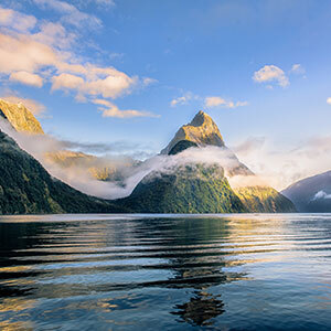 Image of Milford Sound and surrounding mountains in Fiordland National Park