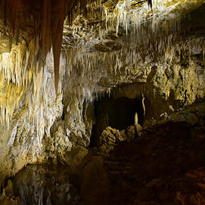 A dark cave with many pointy stalactites hanging from the ceiling.