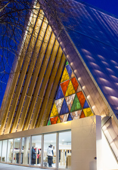 Image of Christchurch Cardboard Cathedral at dusk