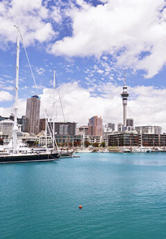 View of Auckland harbour and iconic Sky Tower