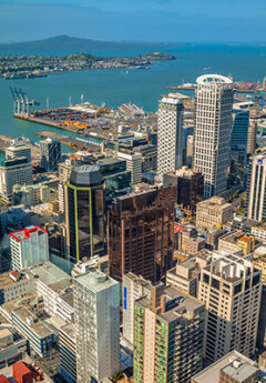 Aerial view of Auckland city centre and harbour