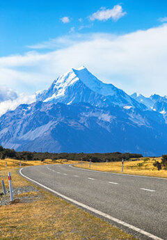 A road heading towards Mount Cook National Park