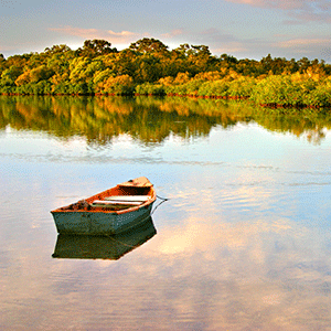 A rustic paddle boat sits on the glassy Noosa River at sunset