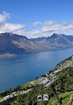 View of Lake Wakatipu and a gondola heading down to Queenstown