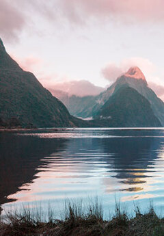 Pink skies in Milford Sound, Fiordland