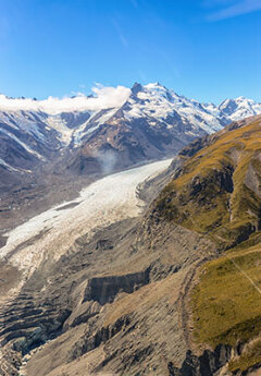 Aerial view of Fox Glacier on a sunny day