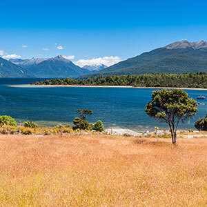 View of Lake Te Anau and mountains in the background