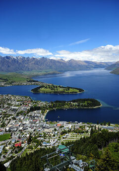 Aerial view over Queenstown and Lake Wakatipu