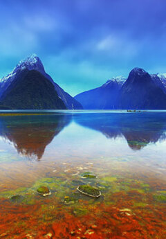 Gloomy skies over Milford Sound and towering mountauns in the background