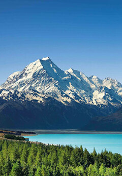 View of crystal clear waters of Lake Pukaki, green forests and Mount Cook in the background