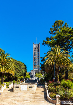 Looking up at Nelson Bell Tower on a sunny day