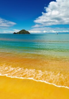 The golden sands of Abel Tasman against the turquoise blue waters and cobalt blue skies.