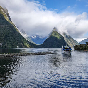 Cruise boat comes into Milford Sound Harbour