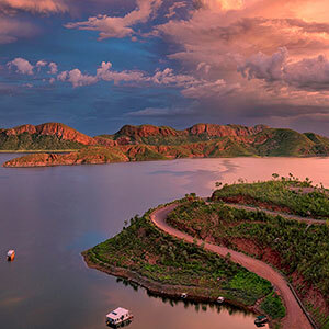 The calm waters at sunset over Lake Argyle