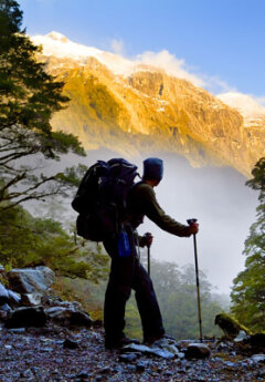 A hiker looking out to misty, snowcapped mountains.