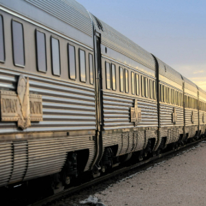 Close up of the Indian Pacific train with the sun setting