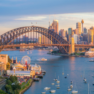 Sydney Harbour Bridge with harbour and cityline