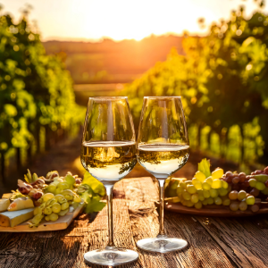 Two glasses of wine and cheese platters sitting on a table in front of sunset at a vineyard