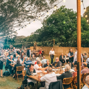 rows of table with passengers seated and fairy lights above