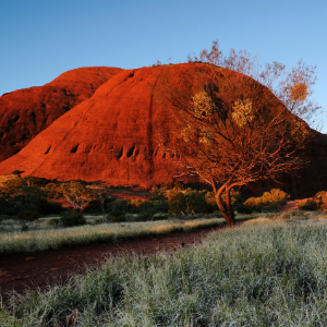 Large red rock formation with sunseting