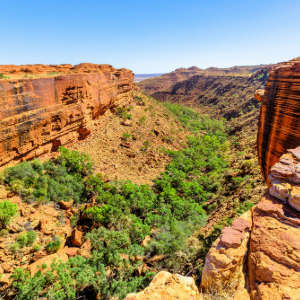 View of a canyon with red rocks surrounding