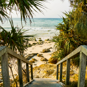 Wooden stairs with beach access to the ocean and rocks