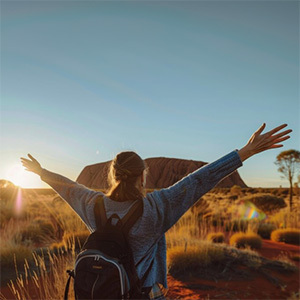 Traveler embracing sunrise near Uluru’s vast landscape.