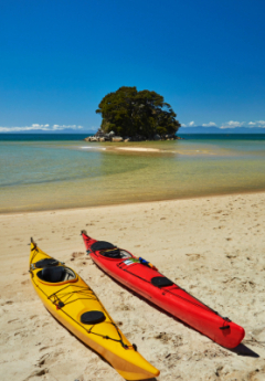 Two kayaks sitting on the beach with a ocean bay in the back and a little island with a big tree on it