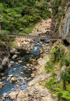 rocky river bed with a swing bridge and mountain cliff to the side