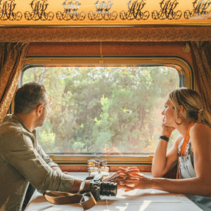 A man and woman in a train carriage holding hands while looking out at green foliage