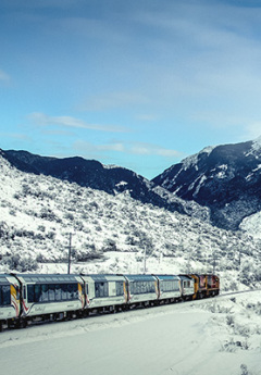 The TranzAlpine train during a winter trip