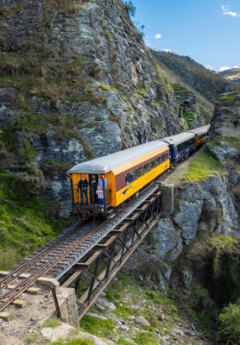 A train passing through mountains