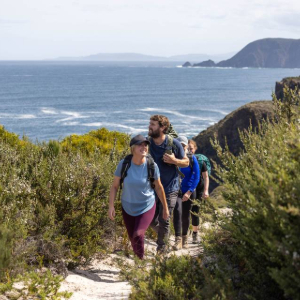 Group hiking coastal trail with ocean views.