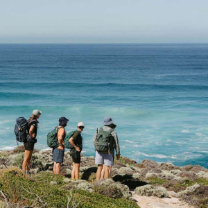 Hikers with backpacks admiring the vast blue ocean.