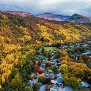 An aerial view of Arrowtown's colourful autumn leaves next to a mountain range.