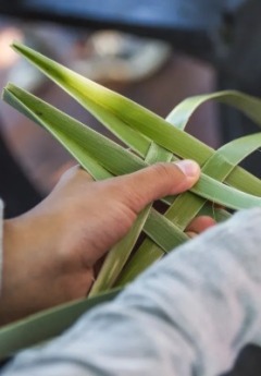A close up of hands weaving a flax basket