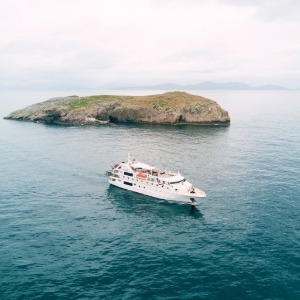 A cruise ship sails past a small, rocky island under a cloudy sky.